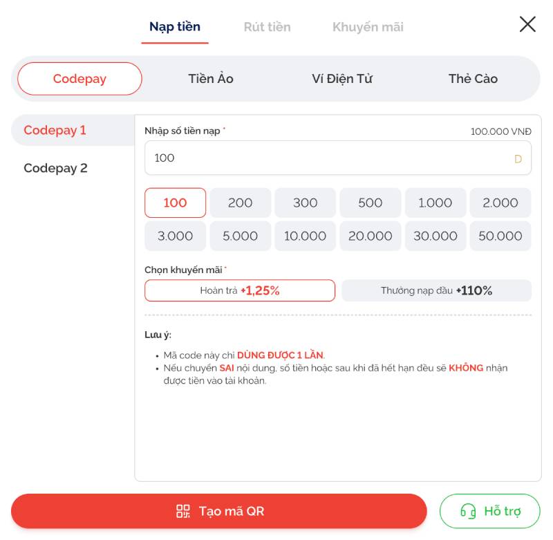 Nhap vao phan Codepay 1 hoac Codepay 2 deu duoc